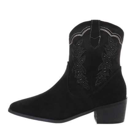 Chaussures femme, bottes style santiags pour un look cowgirl à talon et bout pointu. Motifs brodés et ornements de strass.