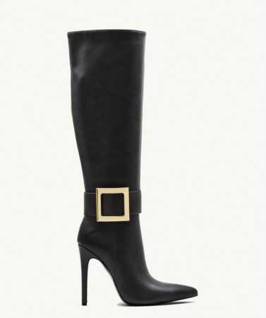 Chaussures femme bottes hautes à boucles doré talon aiguille noir cuir 2023