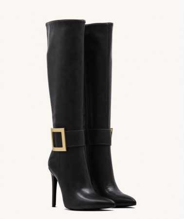 Chaussures femme bottes hautes à boucles doré talon aiguille noir cuir 2023