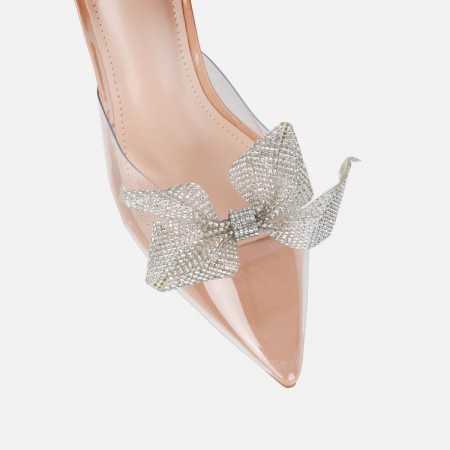 Sublimes chaussures ultra glamour escarpins mules transparentes avec nœud sertie de strass.Hauteur du talon : 8,5 cm