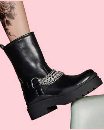 MISS LEA chaussures pour femme bottes bottines simili cuir noir avec chaines semelle épaisse