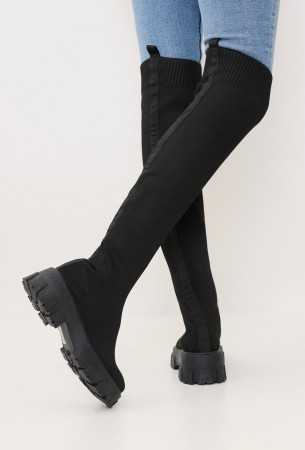 MISS BRANDIE Chaussures pour femme cuissardes chaussettes moulantes extensible semelle épaisse noir