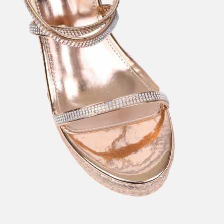 Sublime chaussures compensées espadrille en corde lanière strass or rose.
