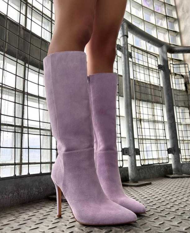 MISS LIVIA Chaussures pour femme bottes haute suedine purple parme talon aiguille