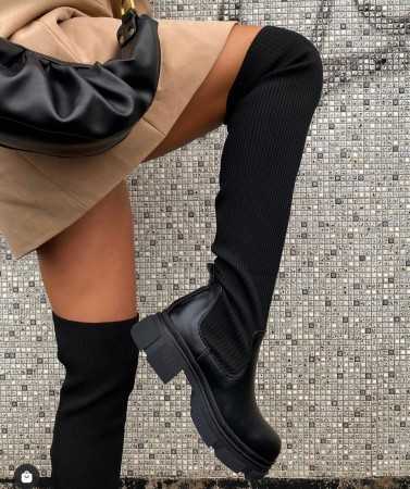 MISS LOLA chaussures pour femme cuissardes tricot façon chaussette semelle épaisse noir