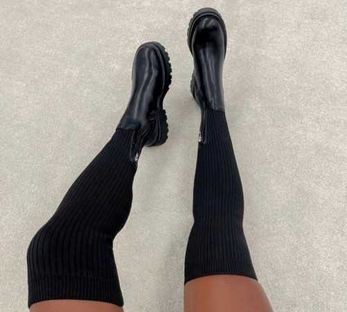 MISS LOLA chaussures pour femme cuissardes tricot façon chaussette semelle épaisse noir