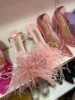 Epoustouflantes sandales à talons avec lanières à la cheville et plumes rose blush sur le devant ! Divine !