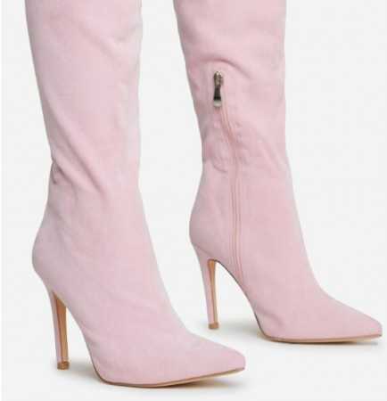 MISS AUDRINA Cuissardes chaussures femme bout pointue talon aiguille faux daim rose baby pink