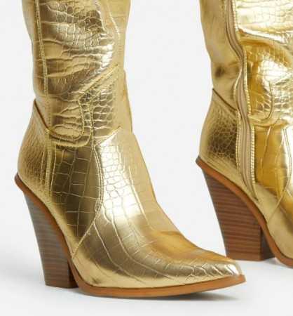 MISS STERNA Chaussures Pour Femme Bottes Hautes Western Cowboy Coachella Faux Cuir Texturé Croco Or