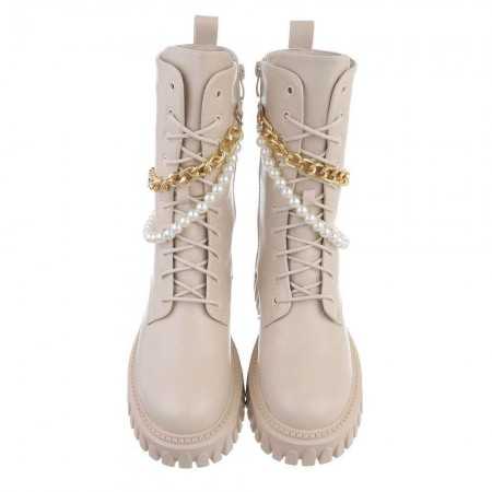 MISS KAYLA Chaussures bottines courtes à lacets semelle épaisse crampons beige bottes perles chaines