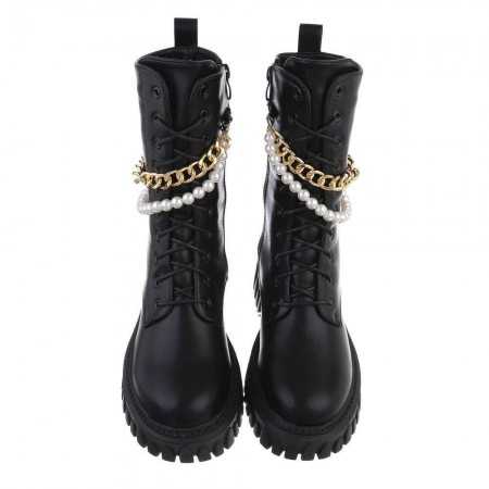 MISS KAYLA Chaussures bottines courtes à lacets semelle épaisse crampons noir bottes perles chaines