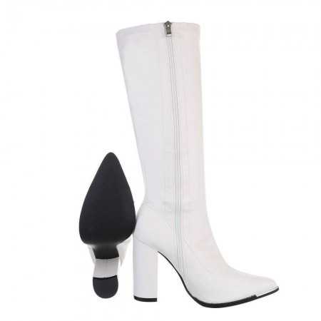 MISS IVY chaussures pour femme bottes hautes bout pointue talon hauts épais carré simili cuir blanc