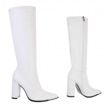 MISS IVY chaussures pour femme bottes hautes bout pointue talon hauts épais carré simili cuir blanc