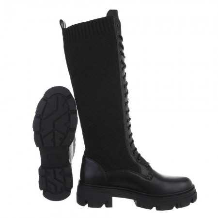 MISS KEILA Chaussures femme bottes hautes façon chaussette à lacets boots noir semelle épaisse