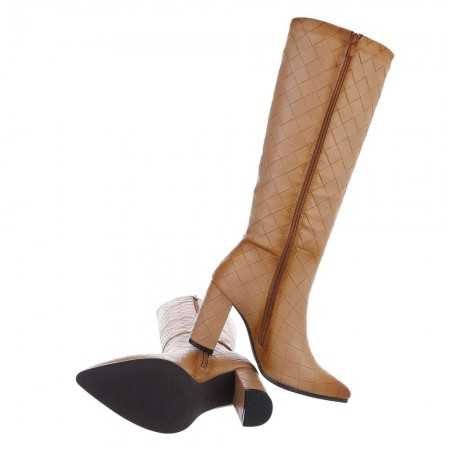 MISS TRESSE Chaussures pour femme bottes hautes simili cuir tressées talon épais camel