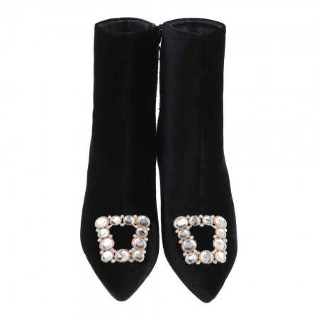 MISS CADY Chaussures femme bottines en velours petit talon et bijoux sur le devant soirée mariage noir