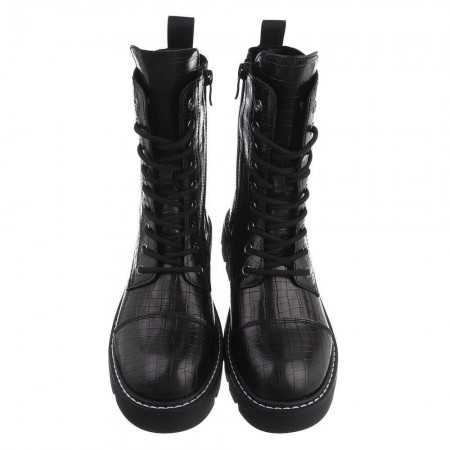 MISS DEVON Chaussures femme bottes bottines à lacets façon croco noir