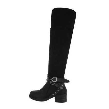 MISS ROCK chaussures femme cuissardes plates en suedine faux daim élégante suède boots shoes noir avec lanières à la cheville