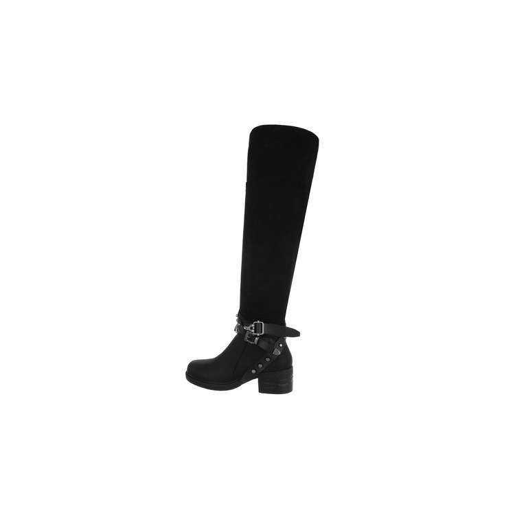 MISS ROCK chaussures femme cuissardes plates en suedine faux daim élégante suède boots shoes noir avec lanières à la cheville