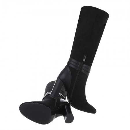 MISS NANCY Chaussures pour femme bottes hautes genou boucle à la cheville talon carré noir
