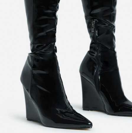 MISS MANON Chaussures femme bottes cuissardes compensées talon confortable noir vernis