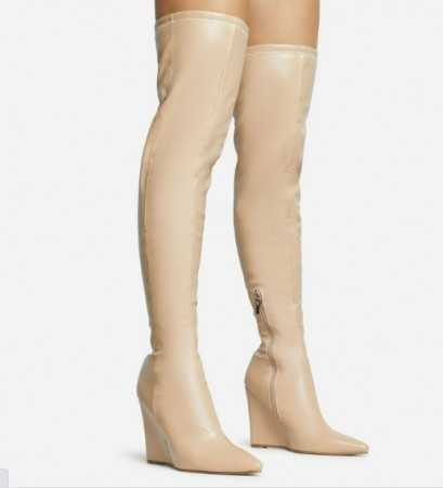 MISS HALLY Chaussures femme bottes cuissardes compensées talon confortable beige