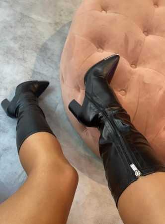 MISS IVY chaussures pour femme bottes hautes bout pointue talon hauts épais carré simili cuir noir