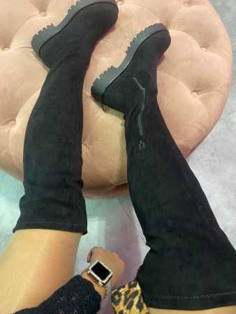 MISS MELINDA Chaussures pour femme cuissardes semelle plate suédine noir
