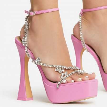 MISS HALLEY Chaussures femme talon haut platform lanières strass bijoux soirée mariage évènement rose