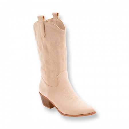 MISS ABIGAIL Chaussures femme bottes hautes western boots coachella suédine talon carré beige nude