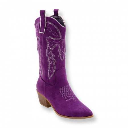 MISS ABIGAIL Chaussures femme bottes hautes western boots coachella suédine talon carré violet