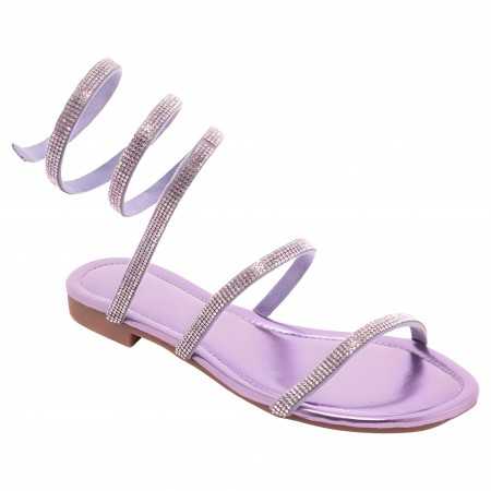 MISS MELISSA Chaussures femme sandales plates claquettes strass lanières qui s'enroule à la cheville violet parme