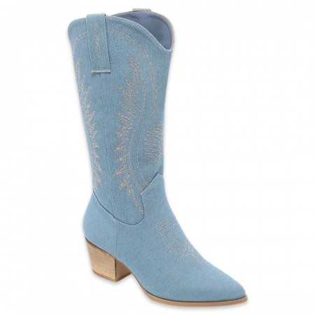 MISS ABIGAIL Chaussures femme bottes hautes western boots coachella talon carré jean denim