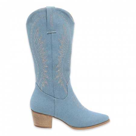MISS ABIGAIL Chaussures femme bottes hautes western boots coachella talon carré jean denim