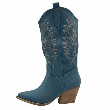 MISS GIANA Chaussures femme bottes hautes western boots coachella talon carré jean denim