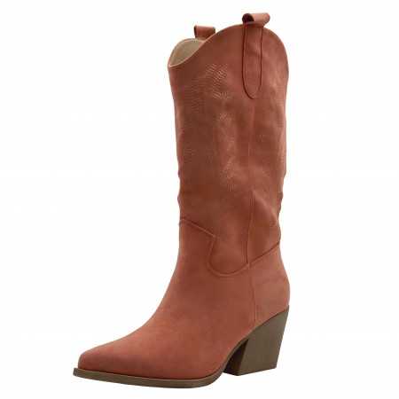 MISS GIANA Chaussures femme bottes hautes western boots coachella talon carré jean orange