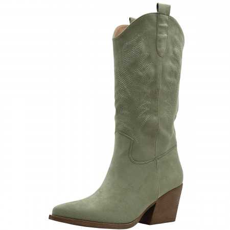 MISS GIANA Chaussures femme bottes hautes western boots coachella talon carré jean green